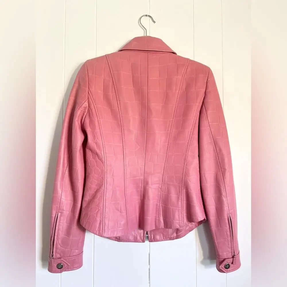 Escada 2/4 vintage RARE pink lamb leather skirt suit jacket set fall unique